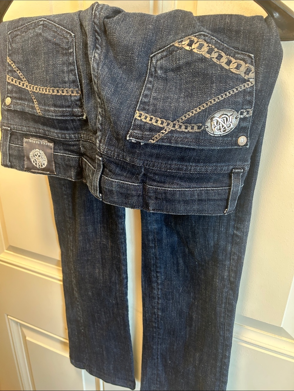 Rock & Republic Dark Blue Boot Cut Jeans with Gold Chain Stitching